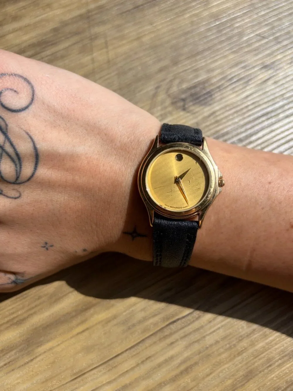 Authentic Gold and Black Leather Movado Womens Watch New Battery Added